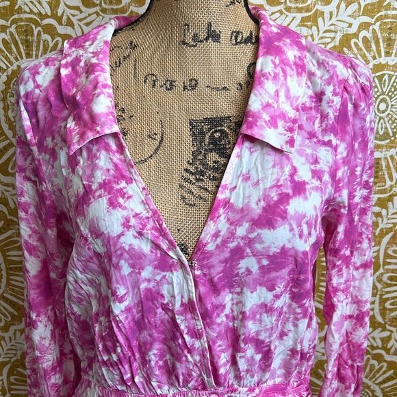 For Love & Lemons Devon V-Neck Long Sleeve Mini Shirt Dress in Pink size L - Picture 8 of 14